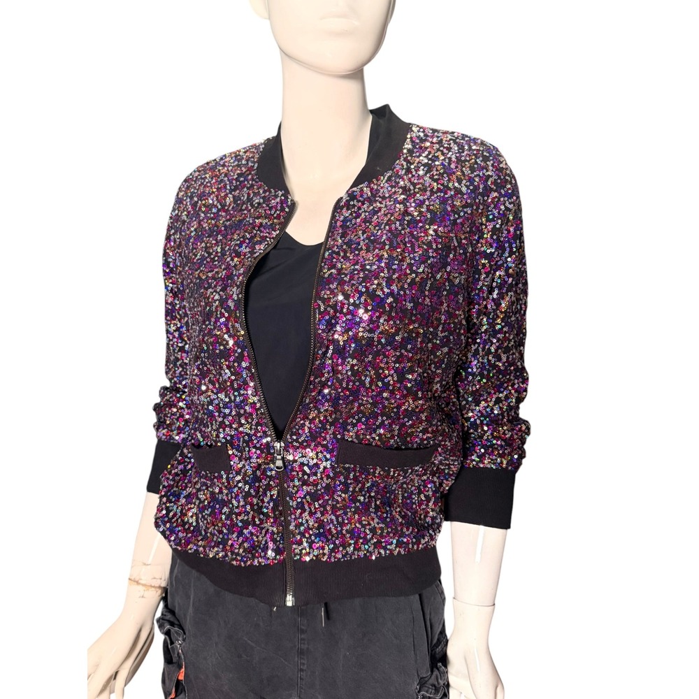 L'Amour Nanette Lepore Womens Large Multi Color Sequin Bomber Jacket Full Zip L